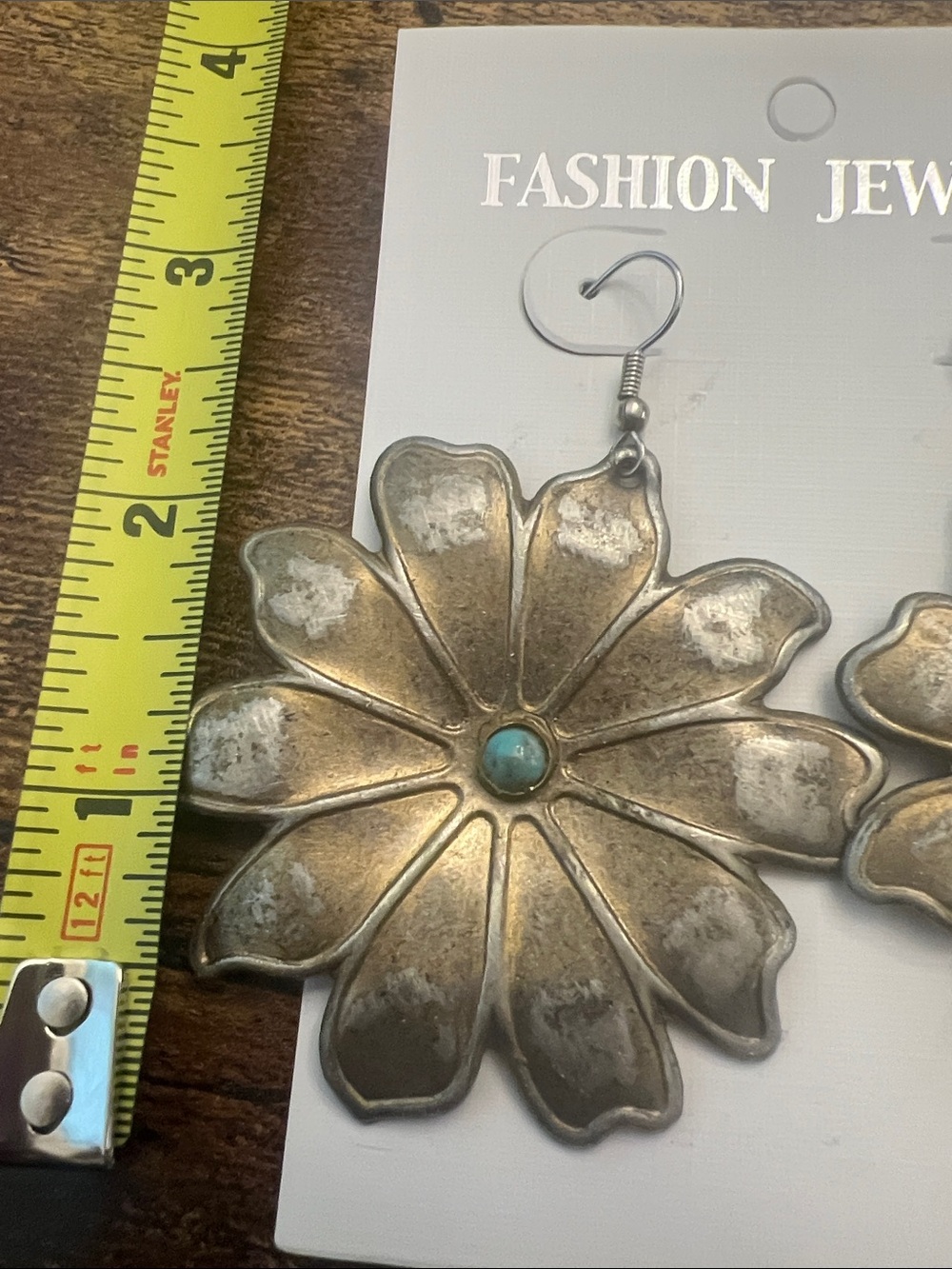 Fashion Jewelry Gold-Tone Flower Earrings with Turquoise Center - Picture 3 of 6